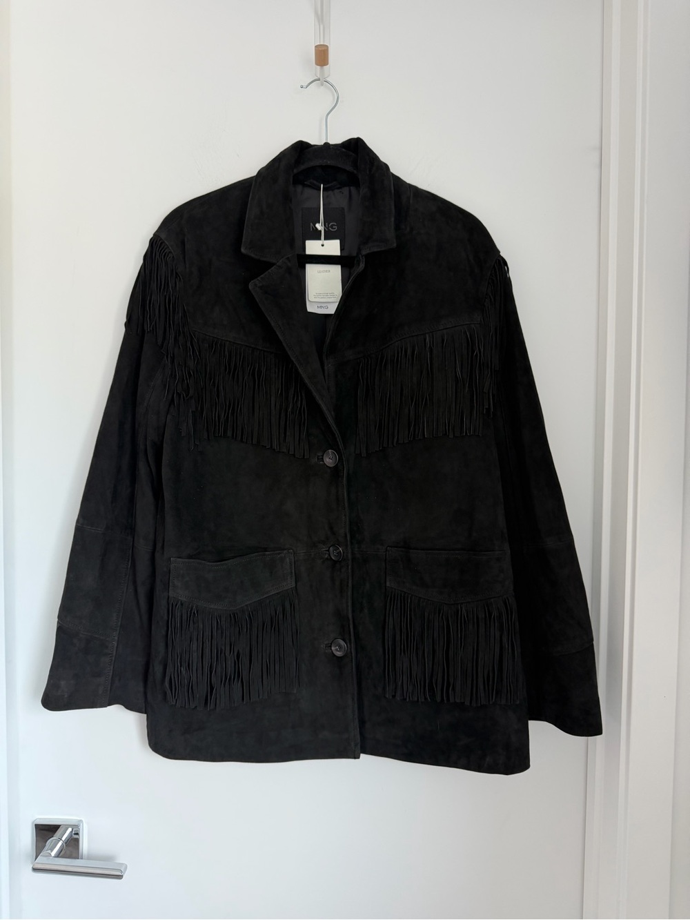 Mango NWT Medium Black Fringe Suede Leather Jacket - Picture 7 of 13